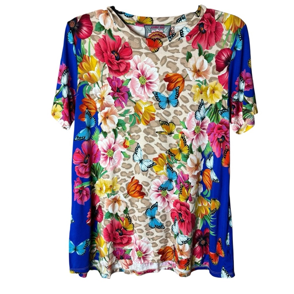 Johnny Was Mayflower Leopard Butterfly Floral Favorite Tee T-Shirt Sz M